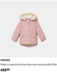 Parka à capuche fausse fourrure rose poudrée fille Creeks
