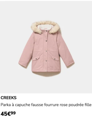 Parka à capuche fausse fourrure rose poudrée fille Creeks