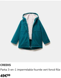 Parka 3-en-1 imperméable fourrée vert foncé fille Creeks
