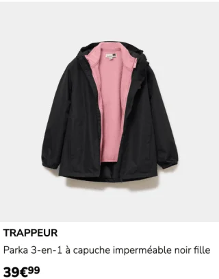 Parka 3-en-1 à capuche imperméable noir fille Trappeur