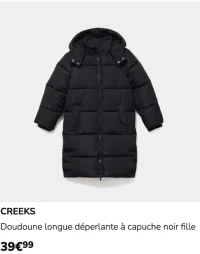 Doudoune longue déperlante à capuche noir fille Creeks