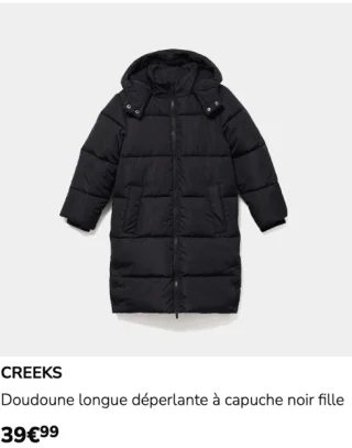 Doudoune longue déperlante à capuche noir fille Creeks