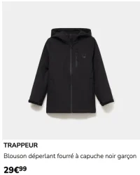 TRAPPEUR Blouson déperlant fourré à capuche noir garçon
