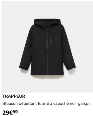 TRAPPEUR Blouson déperlant fourré à capuche noir garçon