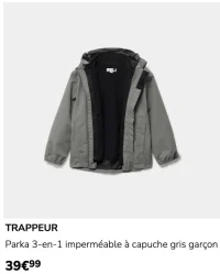 TRAPPEUR Parka 3-en-1 imperméable à capuche gris garçon