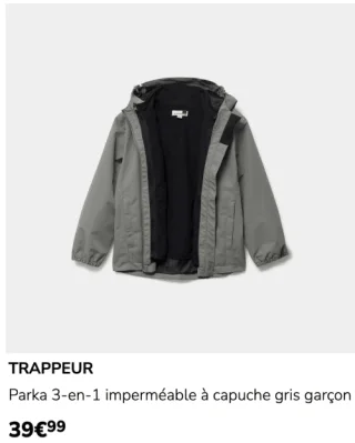 TRAPPEUR Parka 3-en-1 imperméable à capuche gris garçon