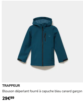 TRAPPEUR Blouson déperlant fourré à capuche bleu canard garçon