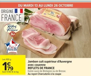 Jambon cuit supérieur d'Auvergne avec couenne REFLETS DE FRANCE