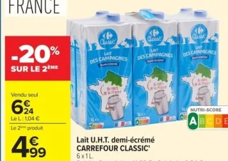 Lait U.H.T. demi-écrémé CARREFOUR CLASSIC'