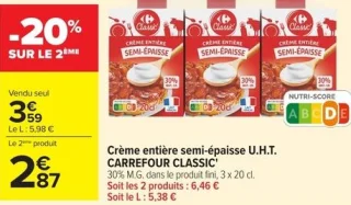 Crème entière semi-épaisse U.H.T. CARREFOUR CLASSIC'
