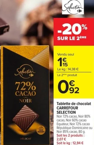 Tablette de chocolat CARREFOUR SELECTION Noir 72% cacao