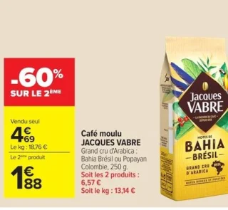 Café moulu JACQUES VABRE Grand cru d'Arabica : Bahia Brésil ou Popayan Colombie