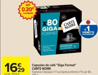 Capsules de café "Giga Format" CARTE NOIRE Espresso Classique n°7 ou Espresso Intense n°9