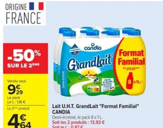 Lait U.H.T. GrandLait "Format Familial" Demi-écrémé Candia