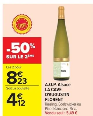 A.O.P. Alsace LA CAVE D'AUGUSTIN FLORENT Riesling, Edelzwicker ou Pinot Blanc sec