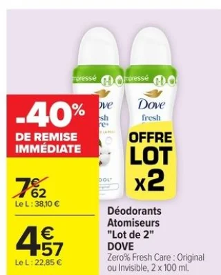 Déodorants Atomiseurs "Lot de 2" Dove Zero% Fresh Care : Original ou Invisible