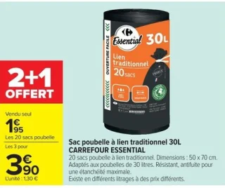 Sac poubelle à lien traditionnel 30L CARREFOUR ESSENTIAL