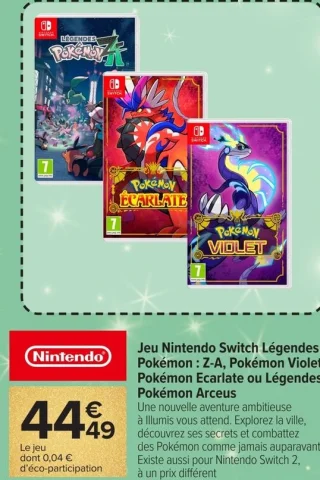 Jeu Nintendo Switch Légendes Pokémon : Z-A, Pokémon Violet, Pokémon Ecarlate ou Légendes Pokémon Arceus