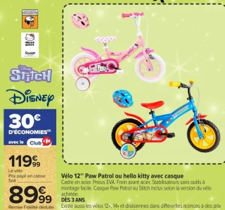 Vélo 12'' Paw Patrol ou hello kitty avec casque