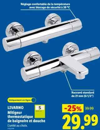 LIVARNO Mitigeur thermostatique de baignoire et douche