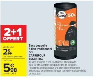 Sacs poubelle à lien traditionnel 50L CARREFOUR ESSENTIAL