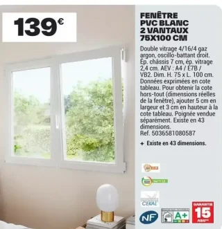 FENÊTRE PVC BLANC 2 VANTAUX 75X100 CM