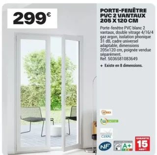 PORTE-FENÊTRE PVC 2 VANTAUX 205 X 120 CM