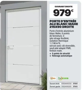 PORTE D'ENTRÉE ALU BLANC MAHE 215X90 DROITE