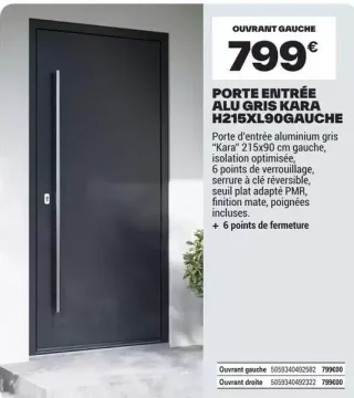 PORTE ENTRÉE ALU GRIS KARA H215XL90GAUCHE