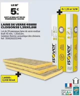 Isover LAINE DE VERRE 45MM CLOISON38 1,35X0,6M