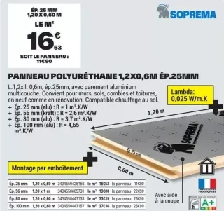 Panneau Polyuréthane 1,2x0,6m Ép.25mm Soprema