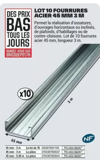 Lot 10 fourrures acier 45 mm 3 m