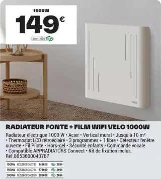 RADIATEUR FONTE + FILM WIFI VELO 1000W