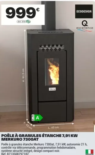 Poêle à granules étanche 7,91 kW Merkuro 7300AT