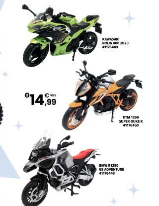 Moto 1/12ème (Kawasaki Ninja 400 2023, KTM 1290 Super Duke R, BMW R1250 GS Adventure)