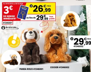 Peluche assise 30 cm Panda Roux ou Cocker Anima