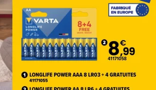 Piles Varta Longlife Power AA LR6 (8 + 4 gratuites)
