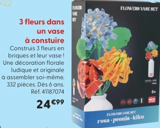 3 fleurs dans un vase à construire