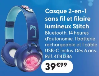 Casque 2-en-1 sans fil et filaire lumineux Stitch