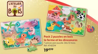 Pack 2 puzzles en bois la ferme et les dinosaures L'Atelier du Bois