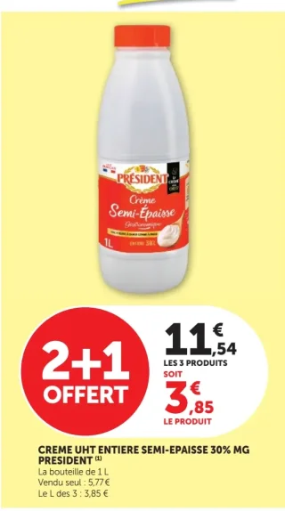 Crème UHT entière semi-épaissse 30% MG Président