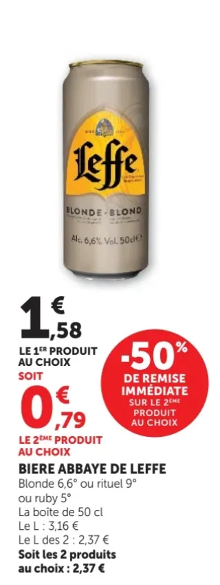 Bière Abbaye de Leffe Blonde 6,6° ou Rituel 9° ou Ruby 5° Leffe