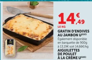 Gratin d'endives au jambon ou Aiguillettes de poulet à la crème U