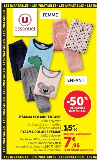 Pyjama polaire enfant ou femme U essentiel