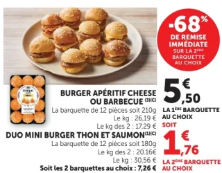 Burger apéritif cheese ou barbecue U ou Duo mini burger thon et saumon U
