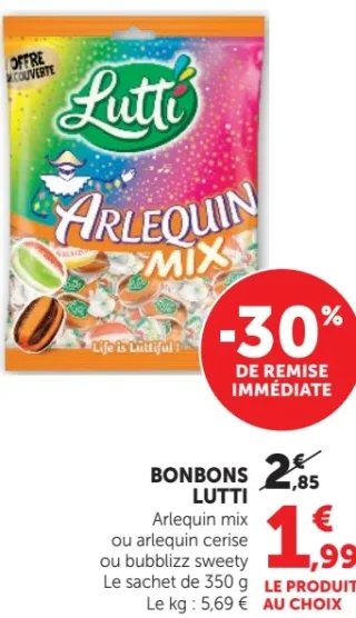 Bonbons Lutti Arlequin mix ou arlequin cerise ou bubblizz sweety