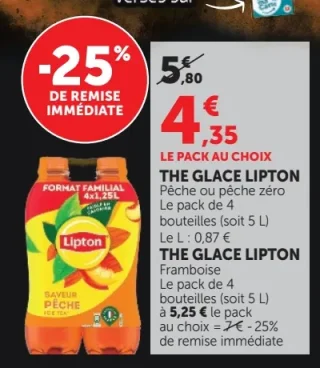 Thé glacé Lipton Pêche ou pêche zéro ou Framboise
