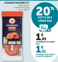 CHORIZO PUR PORC U Doux ou fort