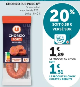 CHORIZO PUR PORC U Doux ou fort