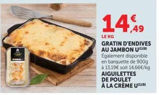 Gratin d'endives au jambon ou aiguillettes de poulet à la crème U